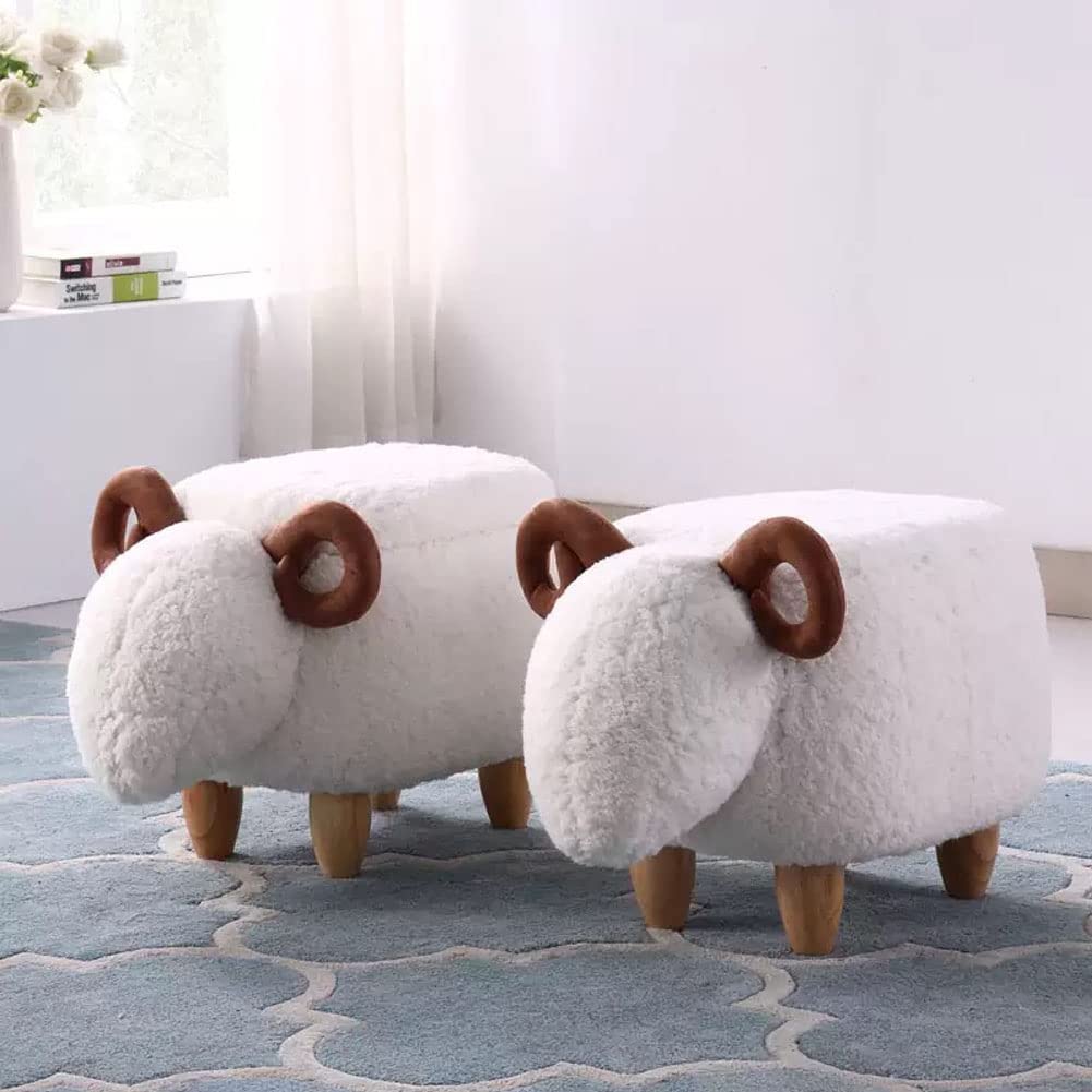 WAYUTO Animal Footstool Storage Upholstered Ottoman Bench Furry Sheep for Living Room Dorm Foot Rest Step Stool Padded Seat Wood Foot Heavy Duty Decorative