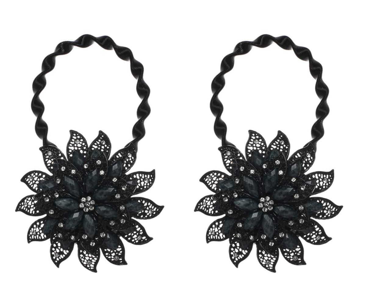 SUQ I OME Classic Luxury Big Crystal Curtain Magnetic Tieback Flower Curtain Clips Buckle with Stretchy Wire Rope for Home Office Decoration(Black,2PCS)