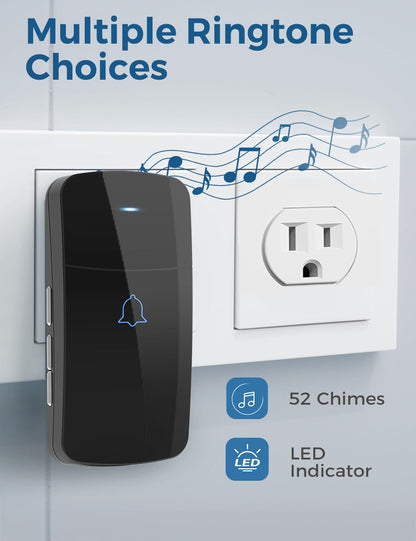 AVANTEK Wireless Doorbell D-3C, 1300 ft Long Range Door Chime Kit, 52 Melodies, Up to 115dB Volume and LED Flash with 2 Plug-In Receivers & 1 Push Button, Black
