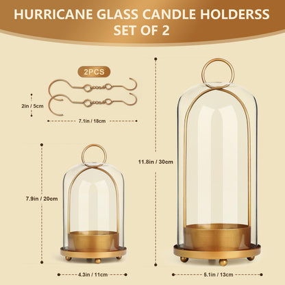 GLUUFLOWER 5"&4" Hurricane Glass Candle Holder Set - Hanging Pillar Candle Lantern with Glass Chimney, Metal Frame for Wedding Centerpieces Dining Table Mantel Holiday Home Decor