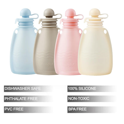 PandaEar Reusable Silicone Baby Food Pouches, 4 Pack Squeeze Pouches for Toddler Kids, BPA-Free Silicone Refillable Baby Food Storage, 5.5 oz