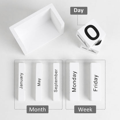 DEERINE Wooden Block Calendar for Desk, Daily Desktop Perpetual Desk Calendar, Cute Date Display Blocks Desk Accessory for Home Office Decor, Teacher, Classroom, Reusable Yearly, White