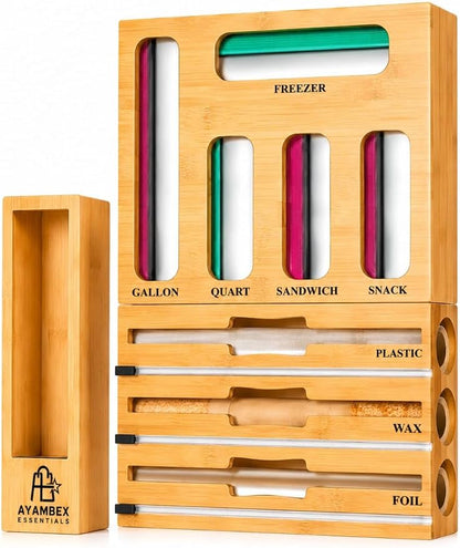 9-in-1 Bamboo Kitchen Drawer Organizer - Storage Bag Holder with Built-In Foil & Wrap Cutter Dispenser - Wooden Food Storage Bag Organizer for Gallon, Quart, Sandwich and Snack Sizes