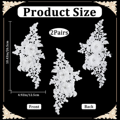 CABODYALS 4Pcs Beaded Lace Appliques White Pearl 3D Flower Crystal Applique Polyester Embroidery Floral Rhinestone Sew on Patches for Sewing Making Dresses Clothes Wedding Gown Headpiece DIY Supply