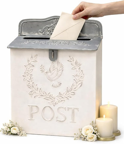 I Vintage Style Post Box I Nostalgic Charm Home Decor I Farmhouse Design I 15.9" Height x 11" Wide (White Rectangular Bird)