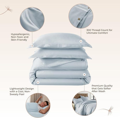 100% Organic Cotton Duvet Cover King Size - Naturally Soft Lightweight & Cooling Duvet Cover Set with Decorative Shams - Premium GOTS Certified 300 Thread Count Sateen Weave (Powder, King)