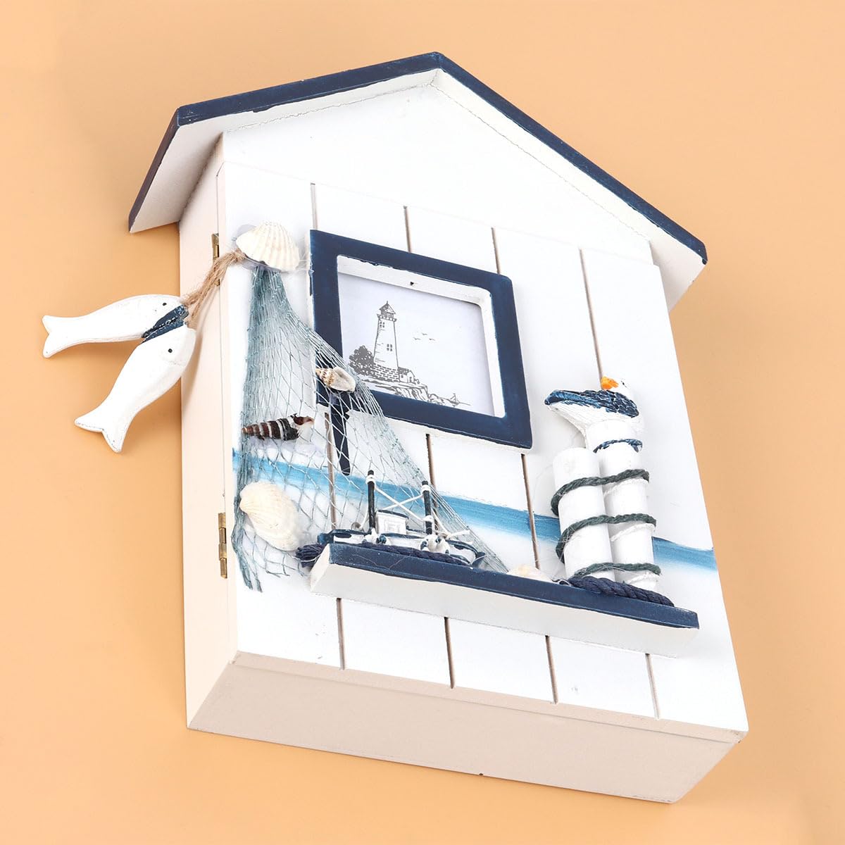 Hemoton Wall Mounted Key Storage Box with Single Bird Design Wooden Key Holder Cabinet for Home Entryway Organizer 11.81X9.05X1.96 Inches