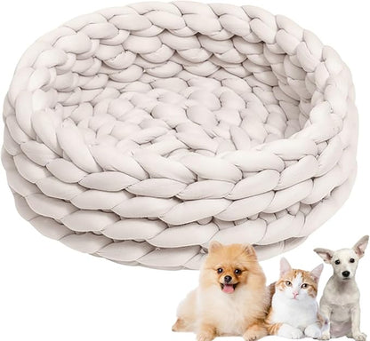 Woven Dog Bed Basket, Knitted Cotton Cat Bed Round Washable Woven Cat Pet Bed Chunky Dog Basket, Orthopedic, Chunky Knit Dog Nest,Dog Bed,Dog Cave,Dog Bedding(Beige,19")
