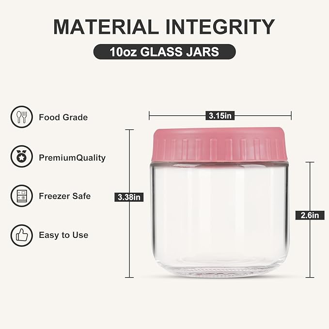 SHOWIN Overnight Oats Containers with Lids, 10oz Glass Jars with Lids 4 pcs, Candy, Wide Mouth Mason jars for Salad, Yogurt, Snacks, Meal Prep