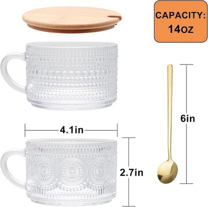 4pcs Overnight Oats Containers with Lids,Vintage Coffee Mugs gifts for women,Glass Cups with Spoons and Bamboo Lids,Great for Coffee, Overnight Oats,Juice. Excellent Choice for Gift Giving,Party