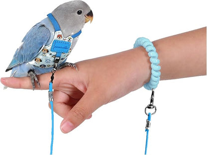 Bird Harness Leash Set Adjustable Vest Anti-Lost Wrist Strap for Parakeet Cockatiel Conure Lovebird (Blue, Caique Parrot 13 * 7.5cm/6g)