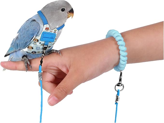 Bird Harness Leash Set Adjustable Vest Anti-Lost Wrist Strap for Parakeet Cockatiel Conure Lovebird (Blue, Cockatiel 6 * 10.5cm/5g)