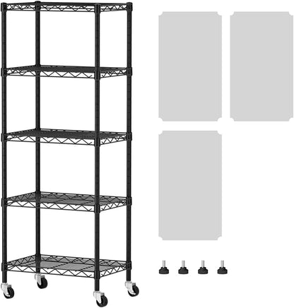 SINGAYE 5 Small Shelf Storage Wire Shelves Closet Bathroom Organizers Metal Pantry Kitchen Garage Shelving Unit Laundry Room Organization Home Narrow Rack Net Basket with Wheels Black