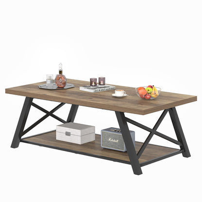 EXCEFUR Modern Coffee Table, Rectangle Center Table for Living Room with Storage Shelf, Industrial Wood and Metal Cocktail Tea Table, Rustic Oak, 47 Inch