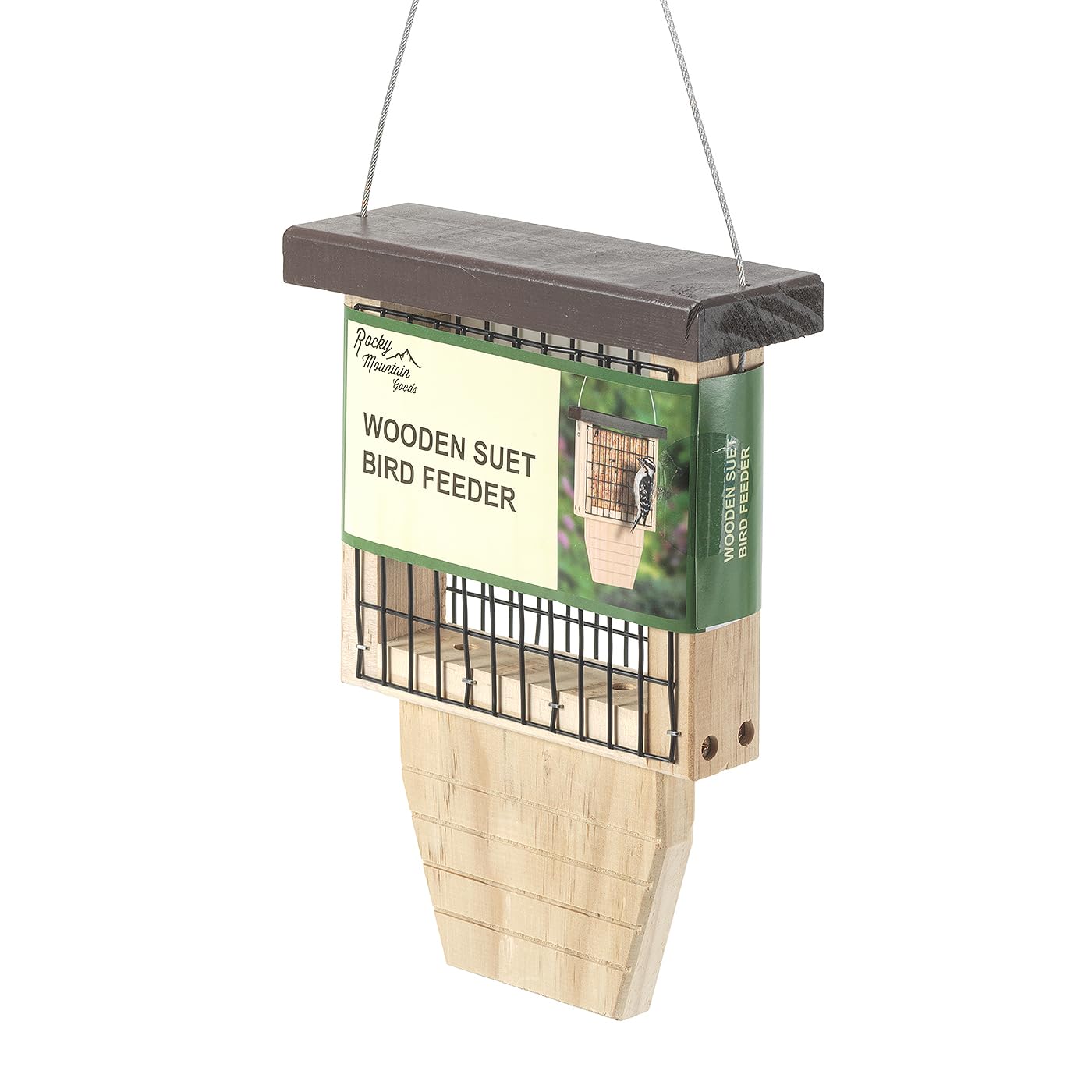 Rocky Mountain Goods Wood Bird Feeder with Suet Holder for Outside Hanging - Woodpecker Suet Feeder with Tail Prop - Durable Wooden Design with Wire Mesh for Wild Birds - Easy to Fill & Clean