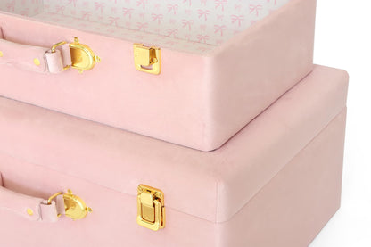 HofferRuffer Velvet Storage Trunks with Wood Frame, Set of 2 Storage Chests with Handles, Bedroom Organizer Nesting Upholstered Decorative Boxes Hinged Lid with Gold Hardware Accents (Pink Trunks)