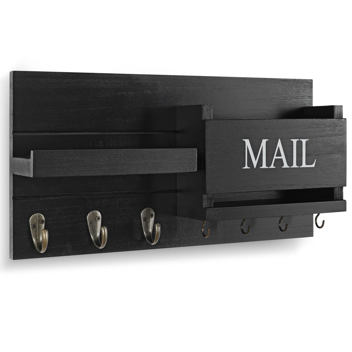 Lwenki Mail Organizer for Wall Mount – Key Holder with Shelf Includes Letter Holder and Hooks for Hallway Farmhouse Decor – Rustic Wood with Flush Mounting Hardware (16.5” x 9.1” x 3.4”) (Black)