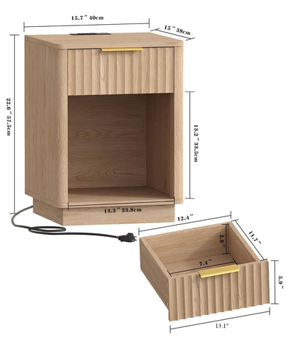 Akxomel Fluted Nightstands Set of 2, Wooden Night Stand with Charging Station and LED Light, Modern Mid Century Bed Side End Table with Drawer, 15" D x 15.7" W x 22.6" H, for Bedroom, Natural Oak