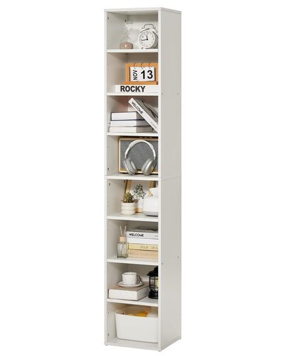 VEVOR 8 Tiers Narrow Bookshelf, 71 in Wooden Tall Open Bookcase with Height-Adjustable Shelf, Freestanding Display Storage Floor Bookcase Bookshelf for Library, Bedroom, Living Room, Office, White