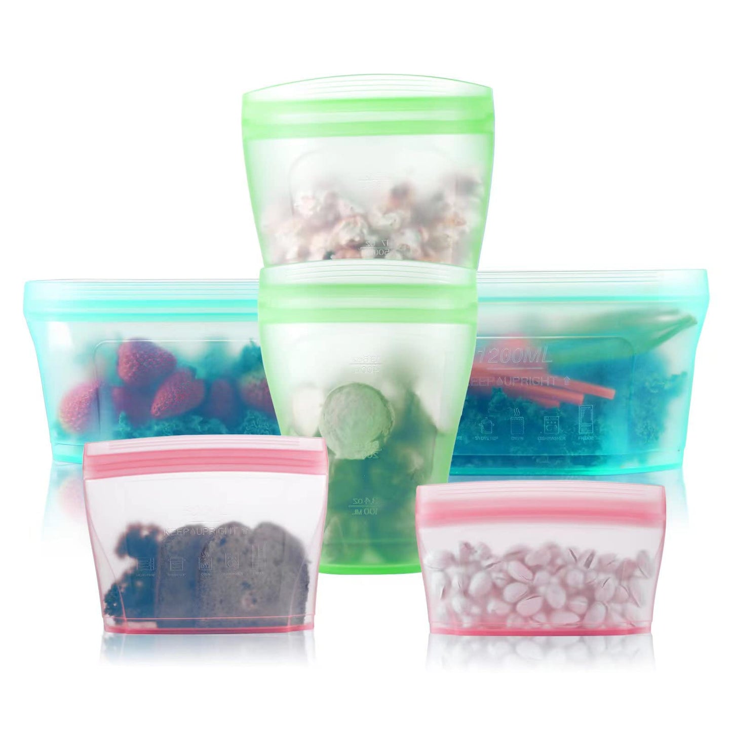 Reusable food container silicone bag, Upgrade second generation 6 Pcs Zip Containers Storage, 100% Silicone Reusable Food Bag, Stand Up Preservation Bag, Rounded interior for easy cleaning.