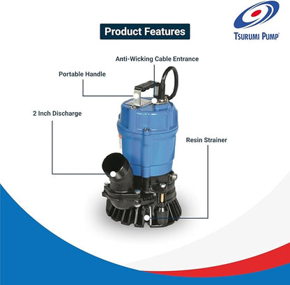 Tsurumi Pump HS2.4S Submersible Trash Pump with Agitator 1/2 HP 115V 2 in Discharge Ideal for dewatering applications with sand, solids, and other debris | 39 GPM / 2340 GPH