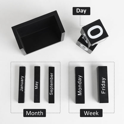 DEERINE Wooden Block Calendar for Desk, Daily Desktop Perpetual Desk Calendar, Cute Date Display Blocks Desk Accessory for Home Office Decor, Teacher, Classroom, Reusable Yearly, Black