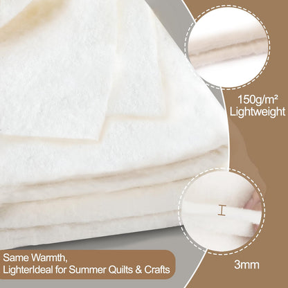 Natural Cotton Batting for Quilting - 150g/m² Lightweight, 40"x40" - Crafting Material for Blankets, DIY Projects, Home Decor