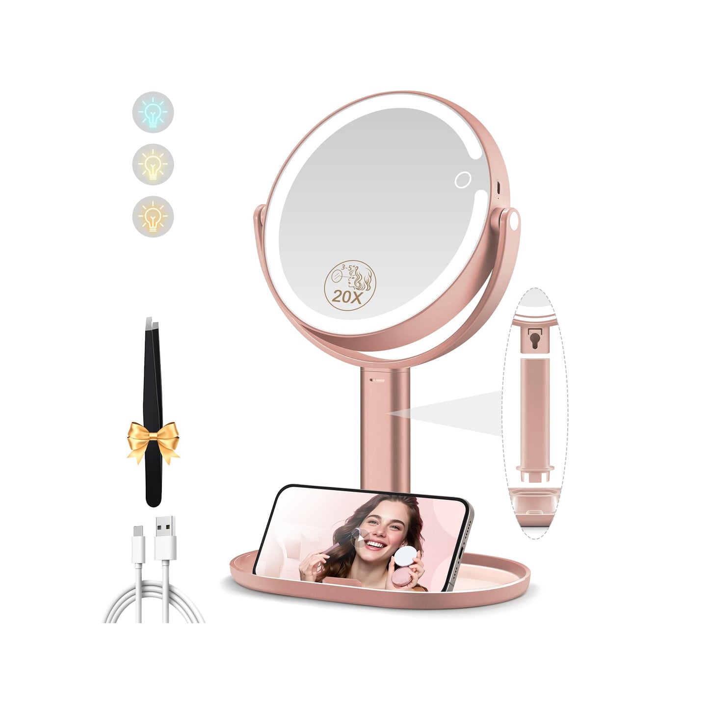 Makeup Mirror with Lights, Double Sided 1x/20x Magnifying Mirror with Light, Rechargeable 3 Color Lights and Adjustable Brightness, 360° Rotation Detachable Comes with Tweezer(Black)