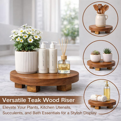 JOLLYMER Teak Handmade Display Riser for Bathroom Counter Decor, Round Pedestal Stand for Shelf, Home Centerpiece Decor
