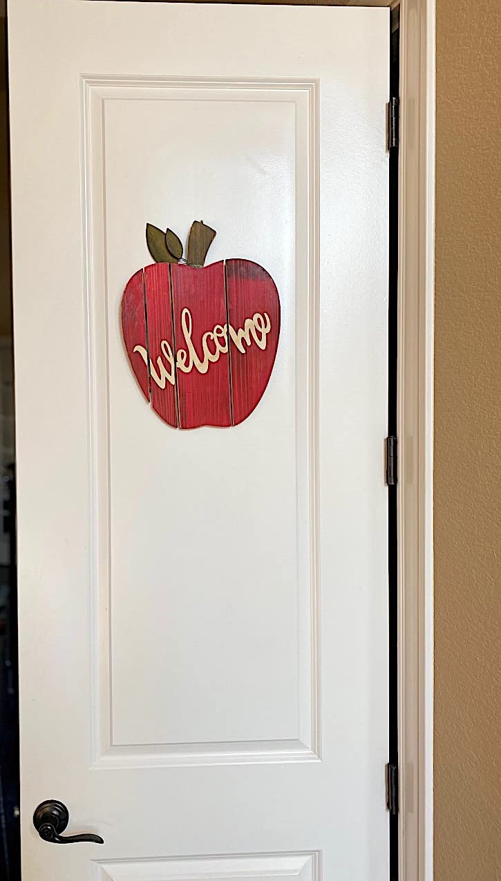 STC World Apple Welcome Wall Door Room Decor Hanging Wooden Art Home Office Indoor Outdoor (Red Apple Welcome)