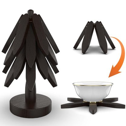Wooden Trivets for Hot Dishes,Tree Shape Trivet Set, 4 Wooden Trivets+1 Stand, Natural FoldableKitchen Wooden Trivet for Hot Dishes、Pot、Bowl、Teapot、Hot Pot Holders (Black)