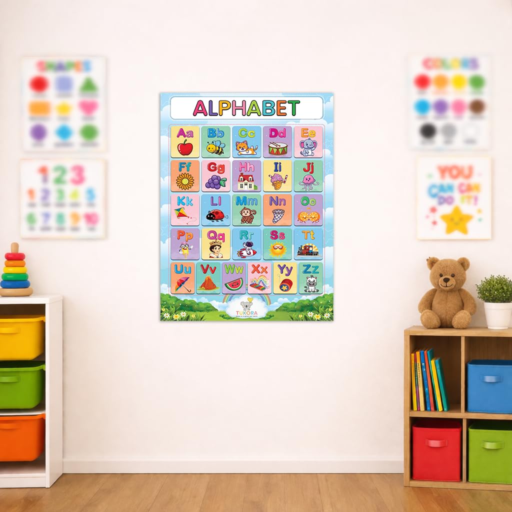 Tukora Alphabet Poster for Kids ABC Wall Chart with Uppercase and Lowercase Letters Colourful Educational Nursery Poster with Animals and Objects Preschool Classroom Learning Decor Premium UK Made