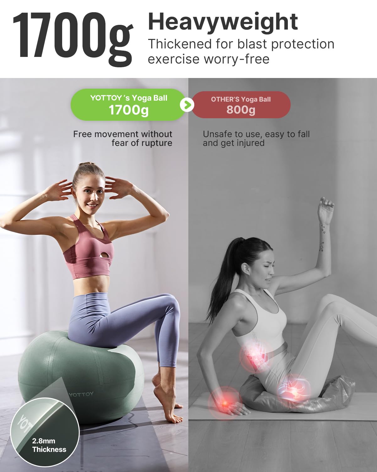 YOTTOY Anti-Burst Exercise Ball for Working Out, Yoga & Pregnancy, Extra Thick Workout Ball for Physical Therapy & Fitness