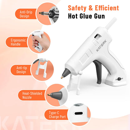 Katerk 3.7V Cordless Hot Glue Gun Kit, 90s Fast Heating, Mini Glue Gun with 15 Glue Sticks, USB-C Rechargeable with 2000mAh Built-in Battery, Ideal for DIY, Gift Making,School Crafts & Repairs (White)