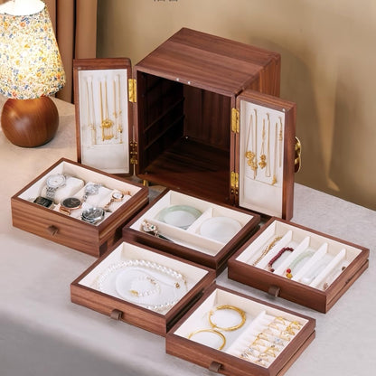 Amersis Wooden Jewelry Box 5 Layers Solid Wood Black Walnut Large Jewelry Organizer with Brass Handle for Necklaces Rings Earrings Watches Storage Ideal Gift Choice for Mother's Day