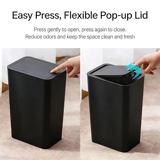 Compact Push-in Trash Can with Lid for Bathrooms, Kitchens, Living Rooms, Offices, Etc., Trash Can with Pop-Up Lid, 10 Liter/2.6 Gallon Slimline (Black，2 Pieces)