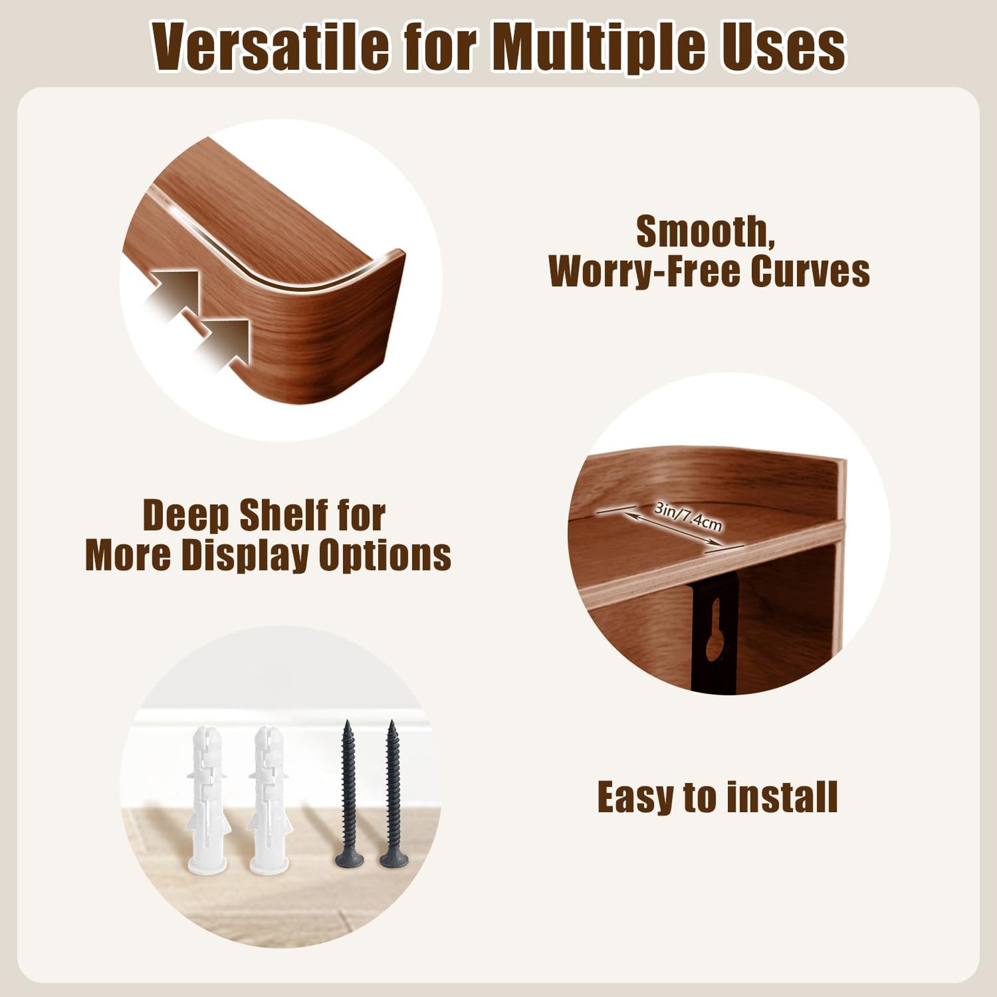 Nevsokio Coat Rack Wall Mount with Hidden Hooks, Wall Hooks with Shelf, Wall Key Holder Mount Wooden Shelf Entryway Hooks for Bedroom Bathroom for Hanging Coats Hats Bags Towels (Walnut, 4 Hooks)