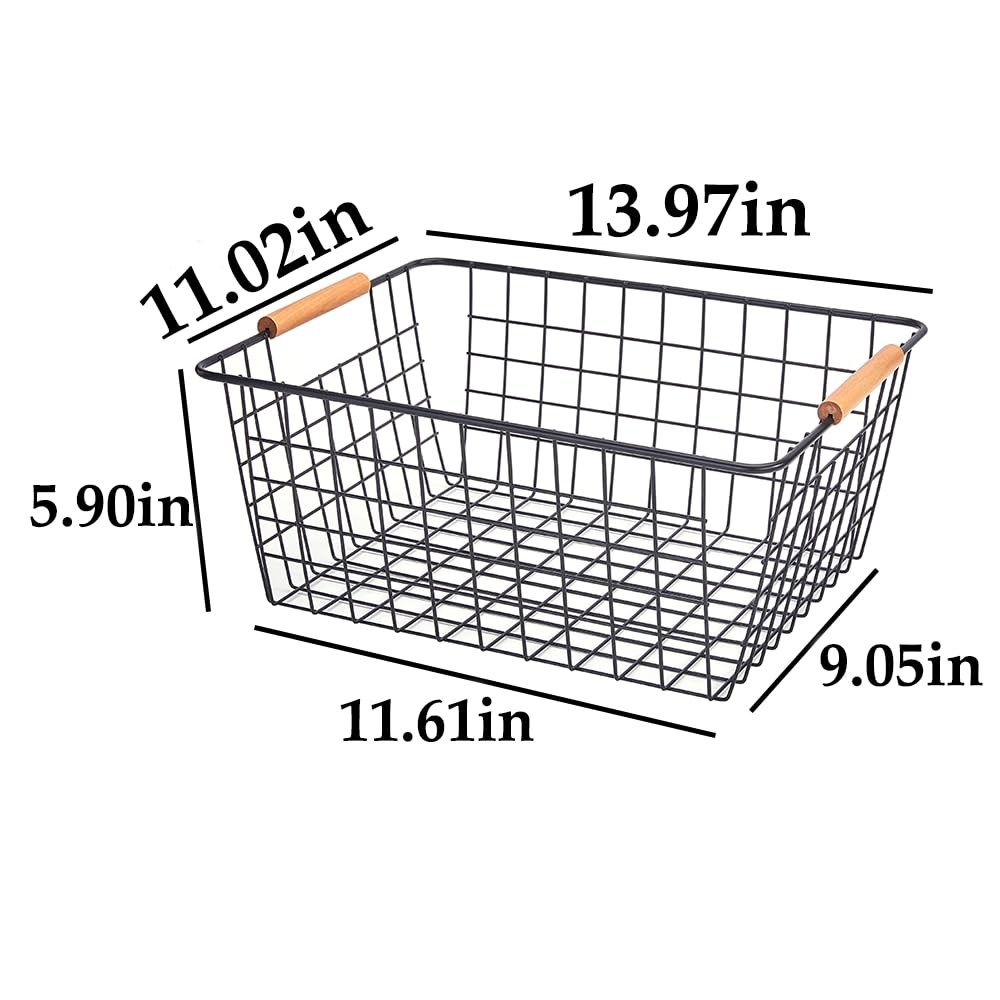 LeleCAT Large black wire baskets with Wooden Handles for storage pantry, Storage Organizer Baskets, Household Refrigerator for Cabinets, Closets, Bedrooms, kitchen - Set of 3 Black