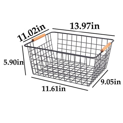 LeleCAT Large black wire baskets with Wooden Handles for storage pantry, Storage Organizer Baskets, Household Refrigerator for Cabinets, Closets, Bedrooms, kitchen - Set of 3 Black