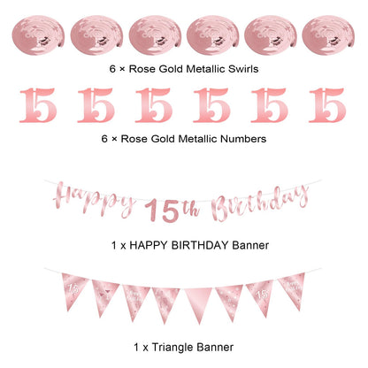 BRT Bearingshui 15th Birthday Decoration Kit for Girls, Happy 15th Banner Bunting Swirls Streamers, Triangle Flag Banner for Party Decorations, Rose Gold 15th