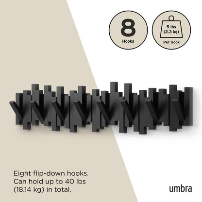 Umbra Sticks Wall-Mounted Coat Rack Rail Hook with 8 Retractable Pegs – Modern, Space-Saving Storage Organizer, Black