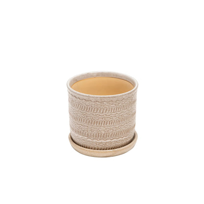 Sagebrook Home Set of 2 Stoneware Ceramic Planters with Saucers –Decorative Indoor & Outdoor Plant Pots – Modern Home & Garden Décor – Ivory & Tan Textured Tribal Design 6" & 8"