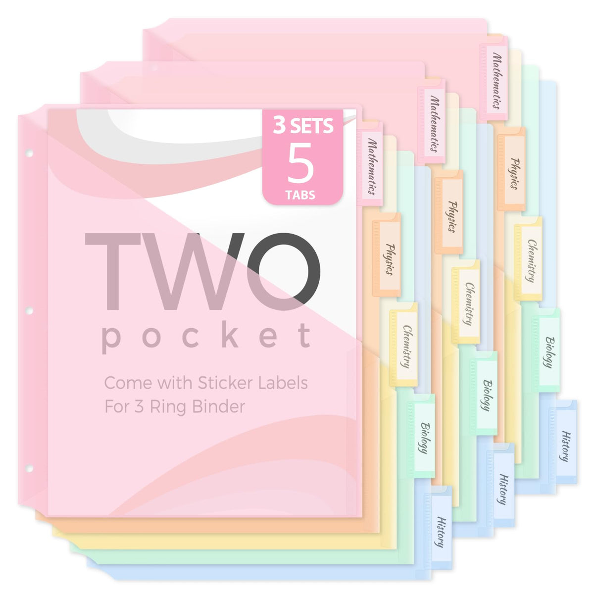 SKYDUE Binder Dividers with Two Pockets, 3Sets, 5 Tabs Dividers for 3 Ring Binder, Plastic Binder Dividers with Tabs for School, Office, and Home Organization,Pink