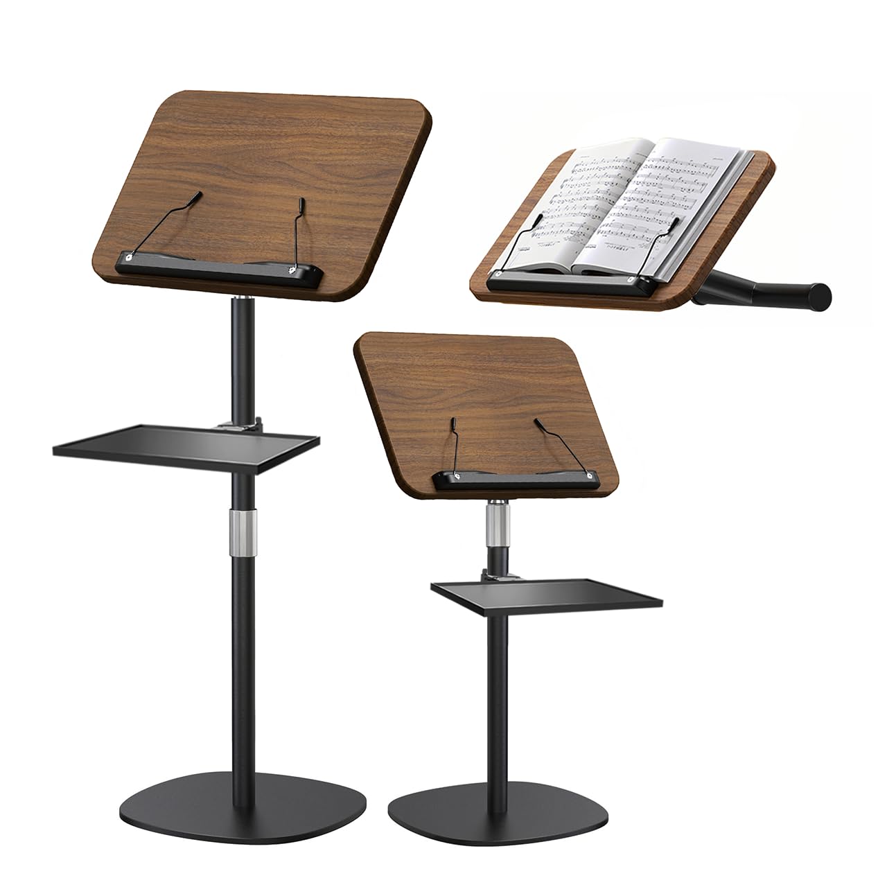 NAMON 2-in-1 Wooden Music Stand, Floor & Tabletop Sheet Music Stand with Page Clips & Tray, 16.5"-51" Adjustable Height, Ideal for Violin, Guitar, Conductors & Classroom (Walnut Effect)