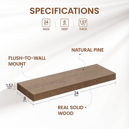 Heimlove Solid Wood Floating Shelves 24 inch, 8 Inch Deep Display Shelves Set of 2, Wall Mounted Floating Shelf with Invisible Brackets for Bathroom Bedroom Kitchen Living Room - American Walnut