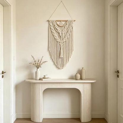 Macrame Wall Hanging Boho Geometric Woven Tapestry Cotton Handmade Bohemian Art Decor with Wood Bead Wall Decor for Bedroom Living Room Apartment Nursery 31.5" L x 17" W (Wood Bead-Y)