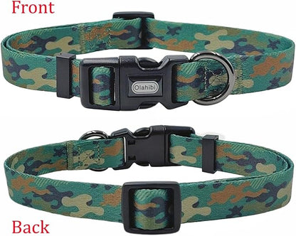 Dog Collar Leash Set, Camouflage Pattern, Polyester Material, Adjustable Collar and 5ft Matching Leash, for Small Dogs.(S, Green Camo)