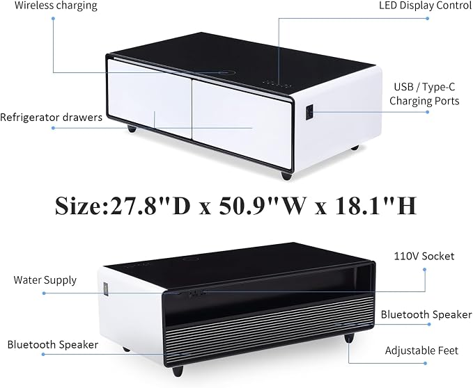 Smart Coffee Table with Fridge and Bluetooth, Smart Refrigerator Table with Dual Speakers, 15W Wireless Charger, Control Panel, Outlet Protection, USB Port, Atmosphere Light, LT135 Pro-White