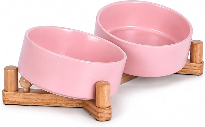 Ceramic Dog Bowls for Small Size Dogs, Cat Food and Water Bowl Set with 15° Adjustable Wood Stand, Raised Non-Slip Pet Bowls, Dual Feeder for Cats & Small Dogs, Matte Glaze 13.5oz Set of 2(Soft Pink)