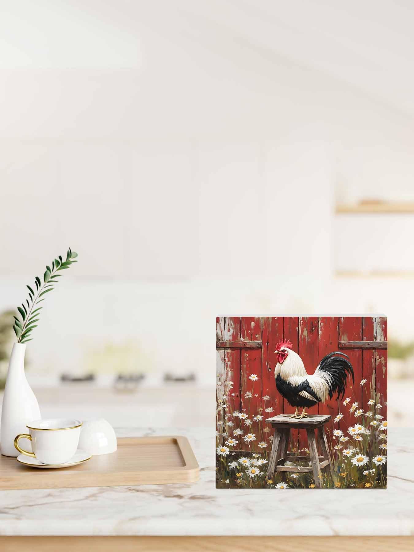 Wood Box Sign Desk Decor, Rustic Farmhouse Rustic Red Barn Rooster Wildflowers Decorative Wooden Block Box Sign Decorations for Home Office Shelf Table Decor 6x6 Inches